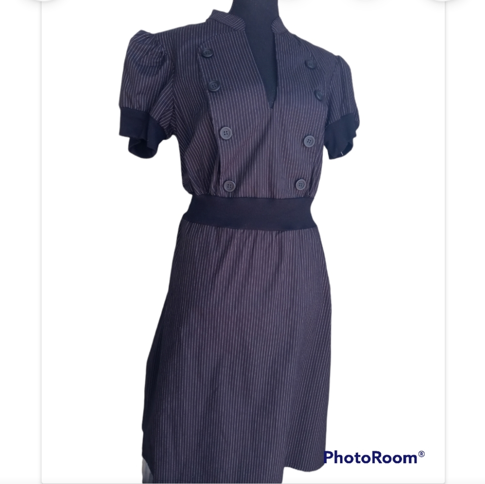JFW Black White Pinstripe Double Breasted Style Ribbed Shirt Sleeve Dress NWOT